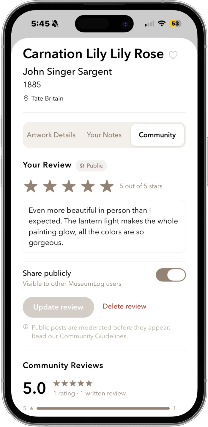 Museum Log artwork page showing details, notes, and community reviews