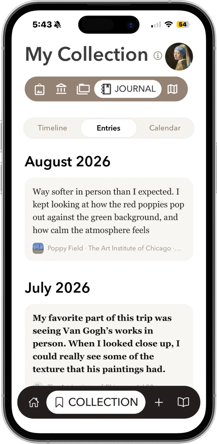 Museum Log journal entries written about artworks